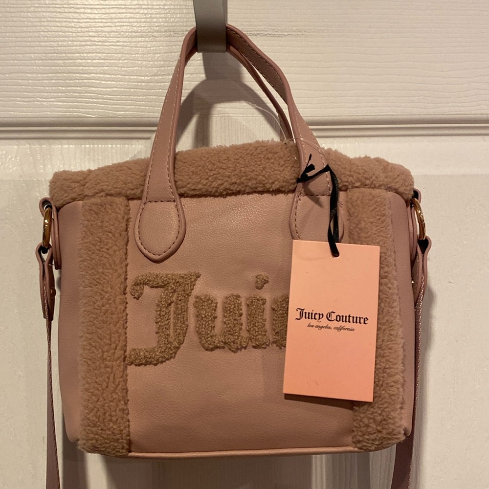 BNWT JUICY COUTURE VIRAL Silver Lining Mini Sherpa Tote in Pink Blush